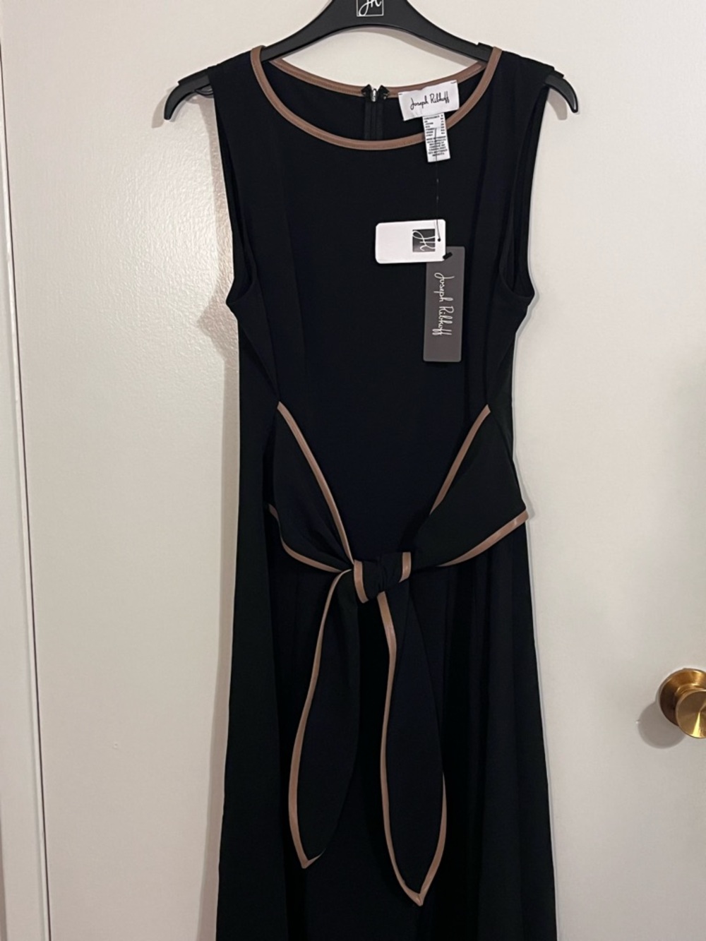 Joseph Ribkoff Black Midi Dress with Tan-Trim Tie Waist